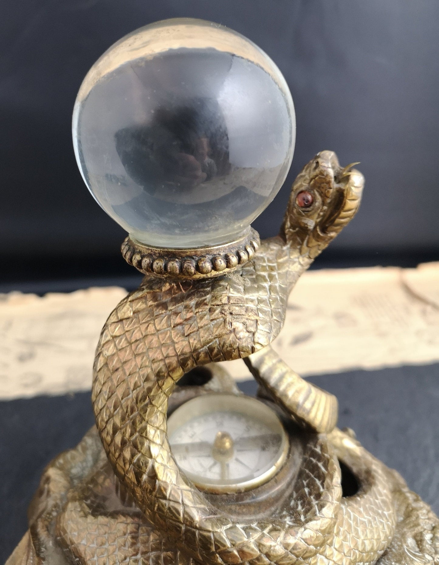 Antique bronze snake inkwell, crystal ball and compass, Rare signed
